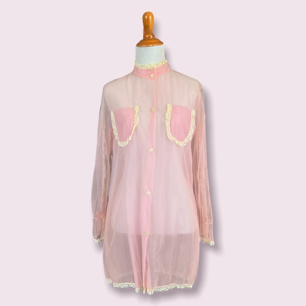 Vintage sheer pink and lace button down